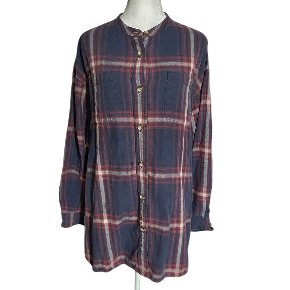 Eddie Bauer Women’s Large Petite Button Down Shirt Top Plaid Long Sleeve Red Blu